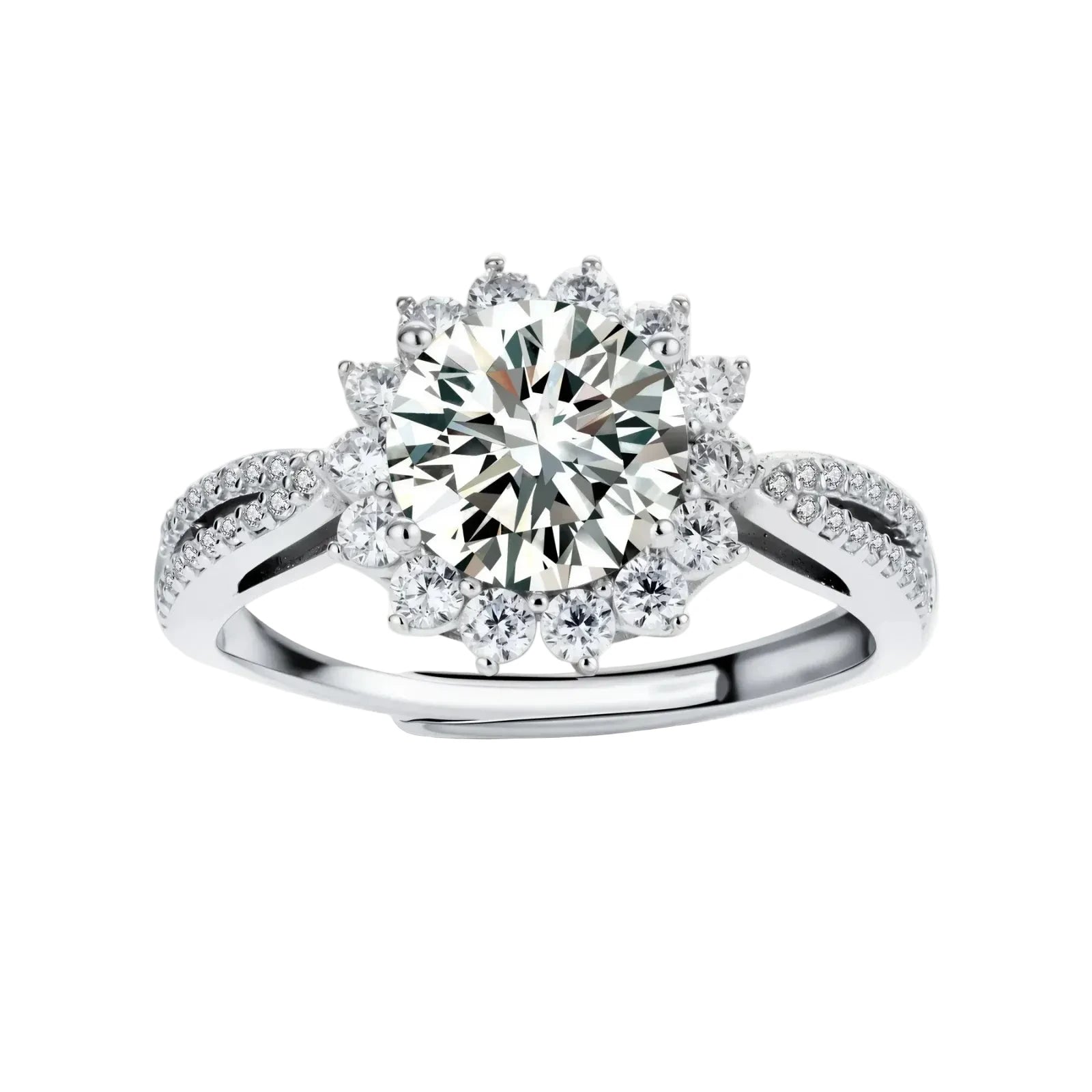 Close-up of sterling silver halo ring with brilliant round moissanite center stone surrounded by smaller accent stones