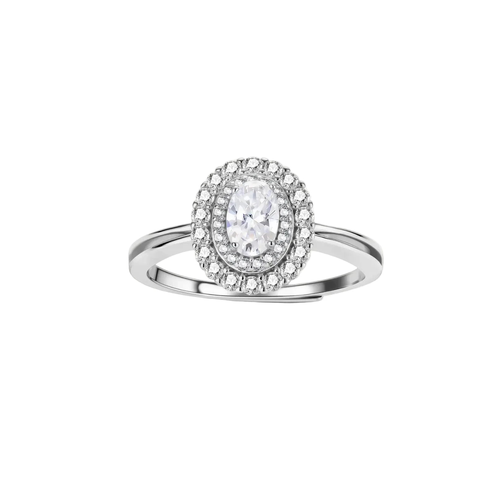 Sterling silver ring with oval moissanite center stone surrounded by double halo of sparkling stones on neutral background.