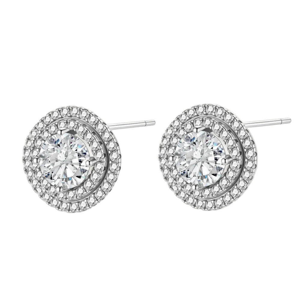 Double halo sterling silver stud earrings with brilliant round moissanite center stones and pavé crystal accents