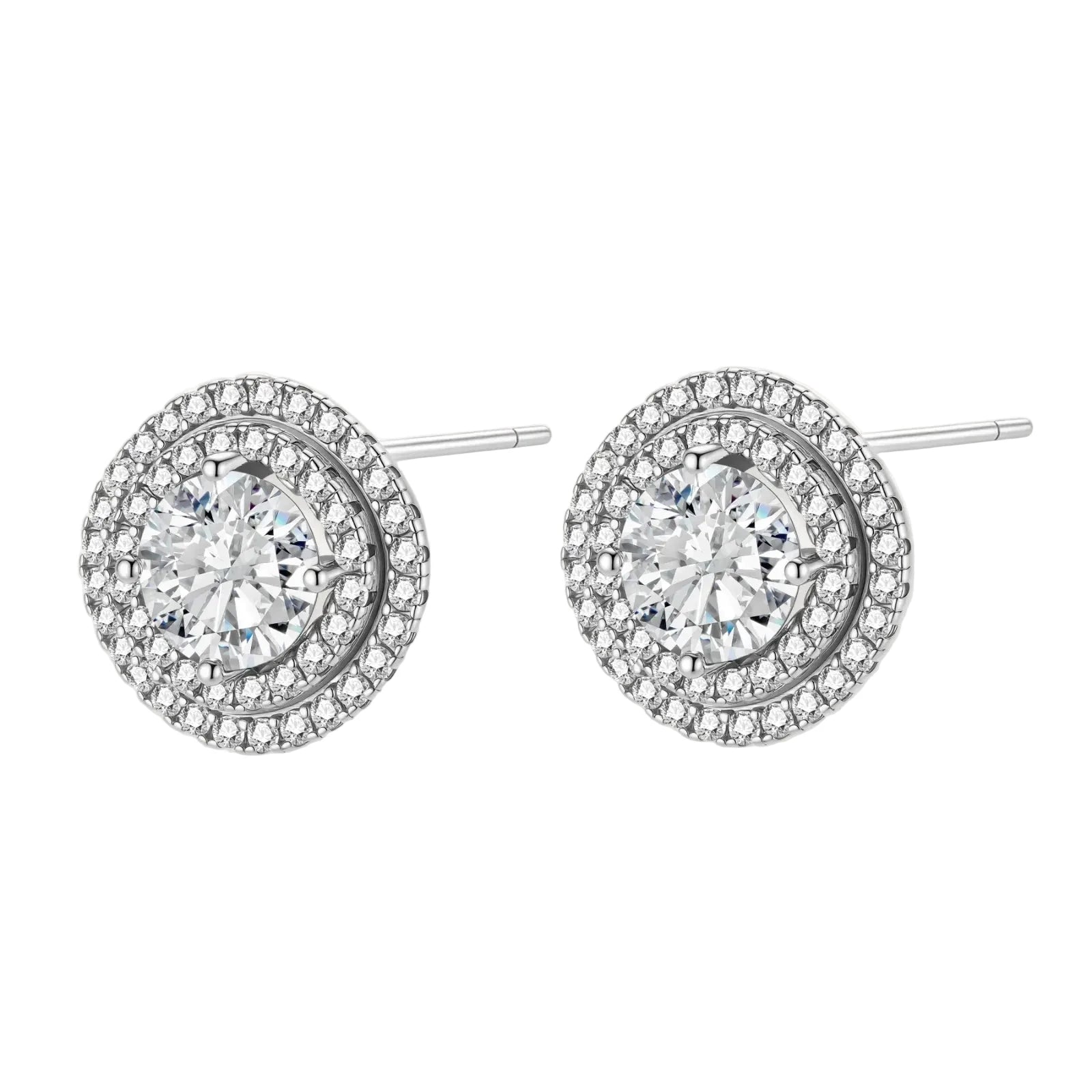 Double halo sterling silver stud earrings with brilliant round moissanite center stones and pavé crystal accents