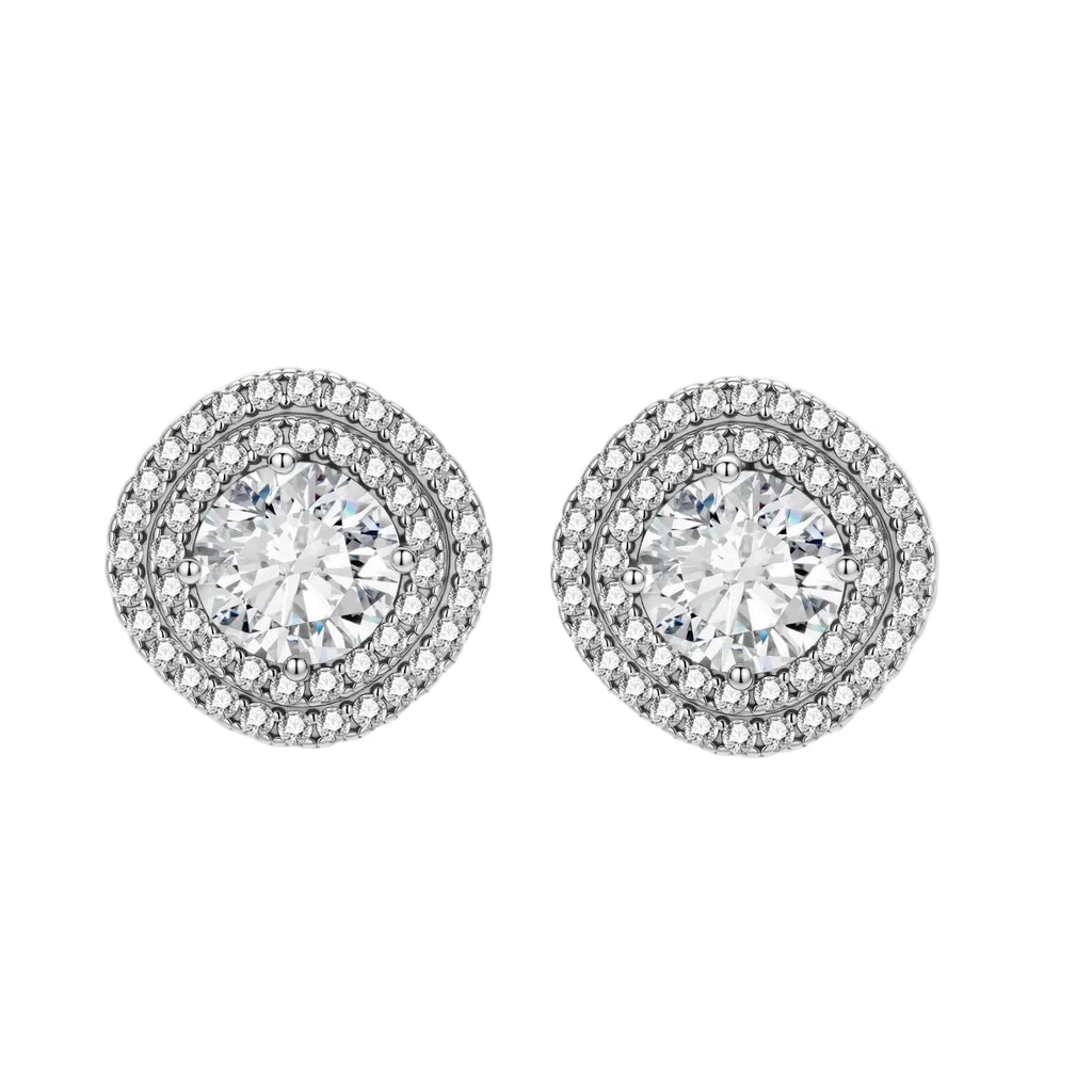Double halo sterling silver stud earrings with brilliant round moissanite center stones and pavé crystal accents