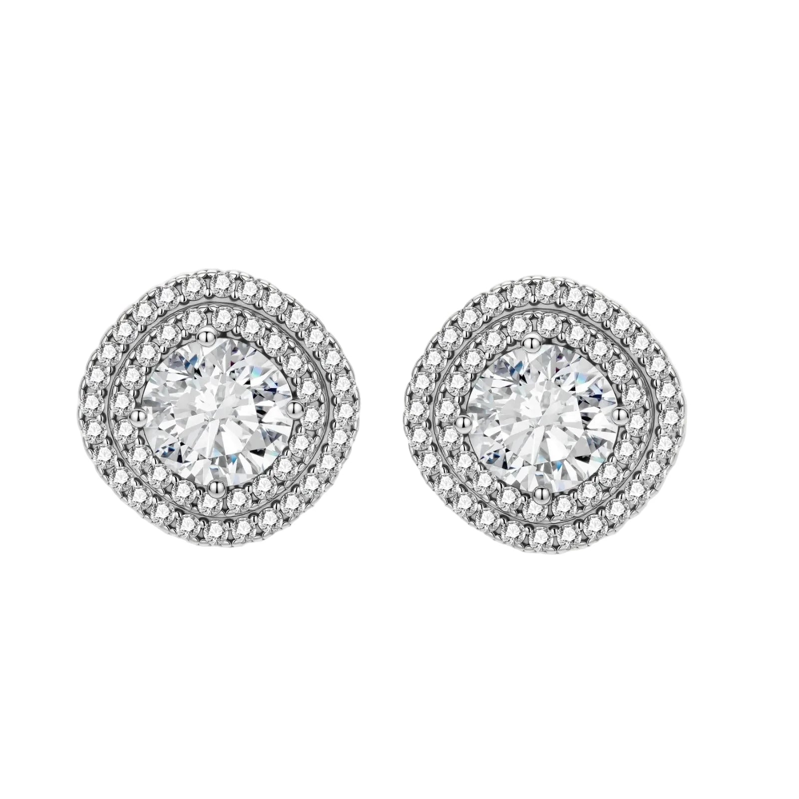 Double halo sterling silver stud earrings with brilliant round moissanite center stones and pavé crystal accents