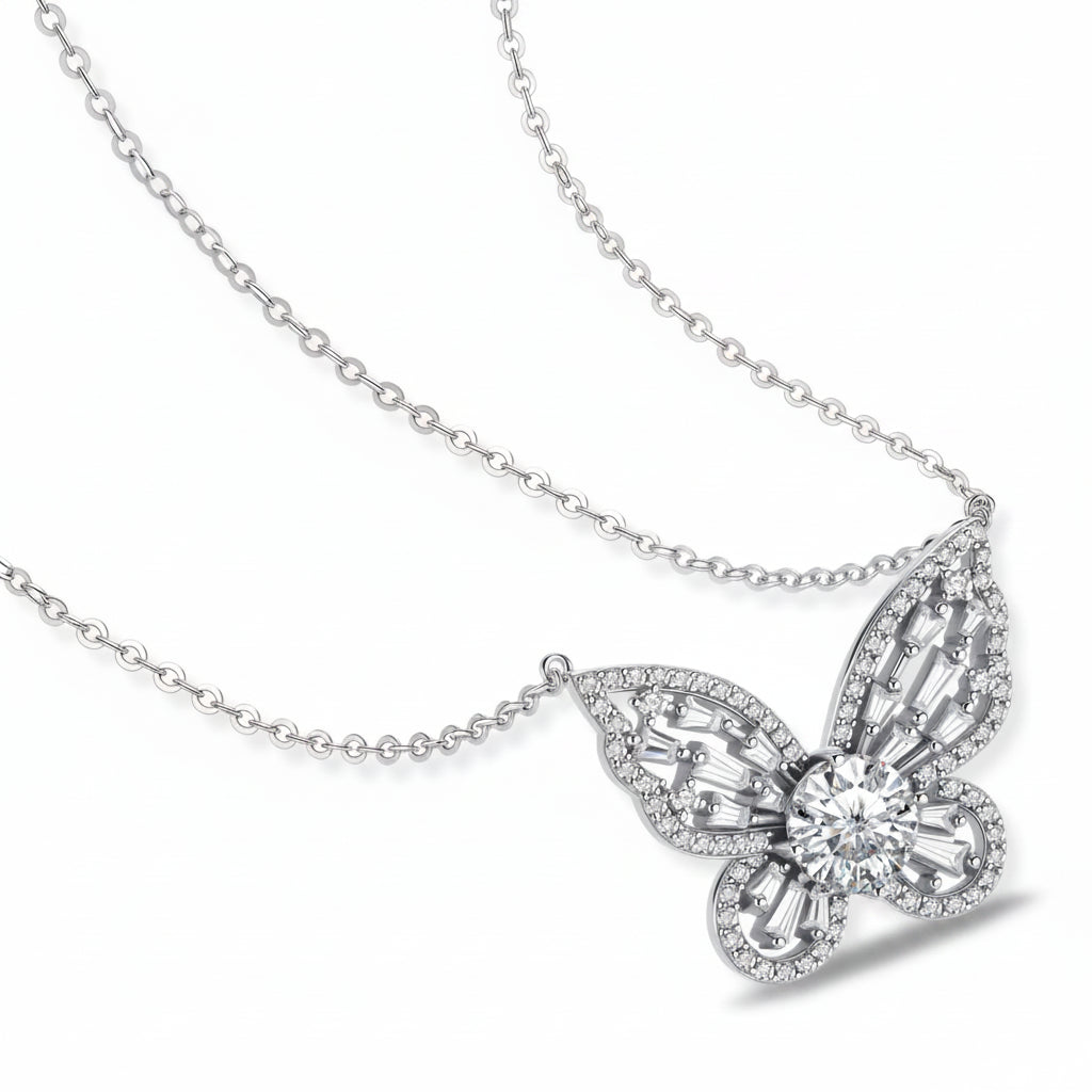 Sterling silver butterfly pendant with radiating design and central moissanite stone on adjustable chain