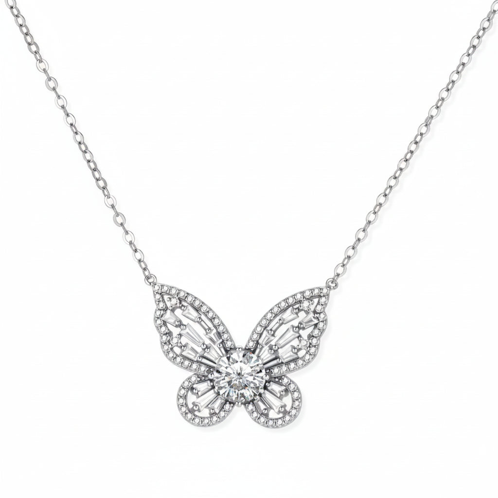 Sterling silver butterfly pendant with radiating design and central moissanite stone on adjustable chain