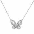 Sterling silver butterfly pendant with radiating design and central moissanite stone on adjustable chain