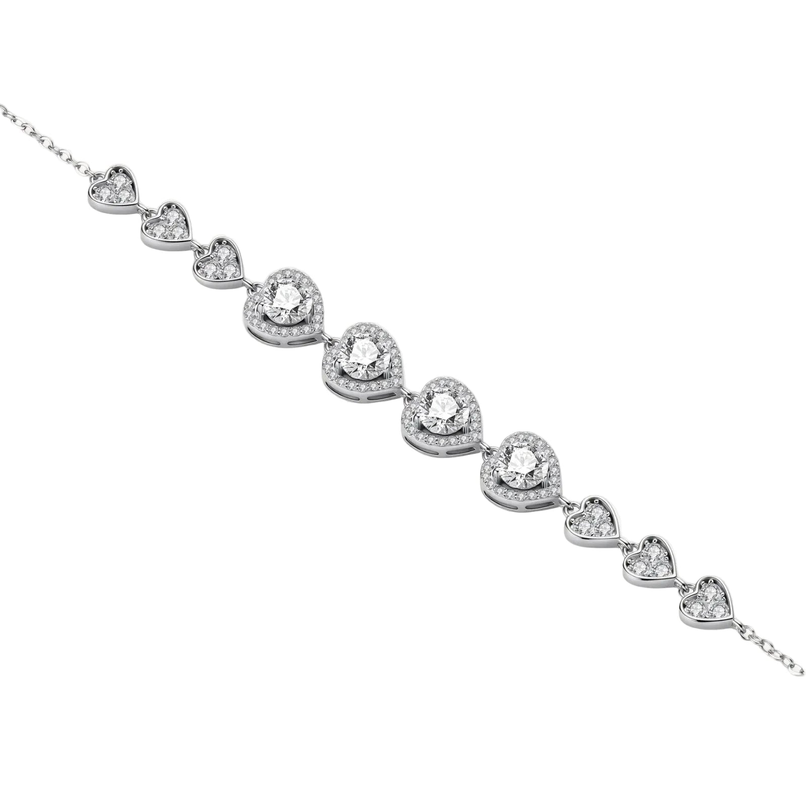 Complete jewelry set with heart-shaped sterling silver pieces featuring brilliant moissanite stones on white background.