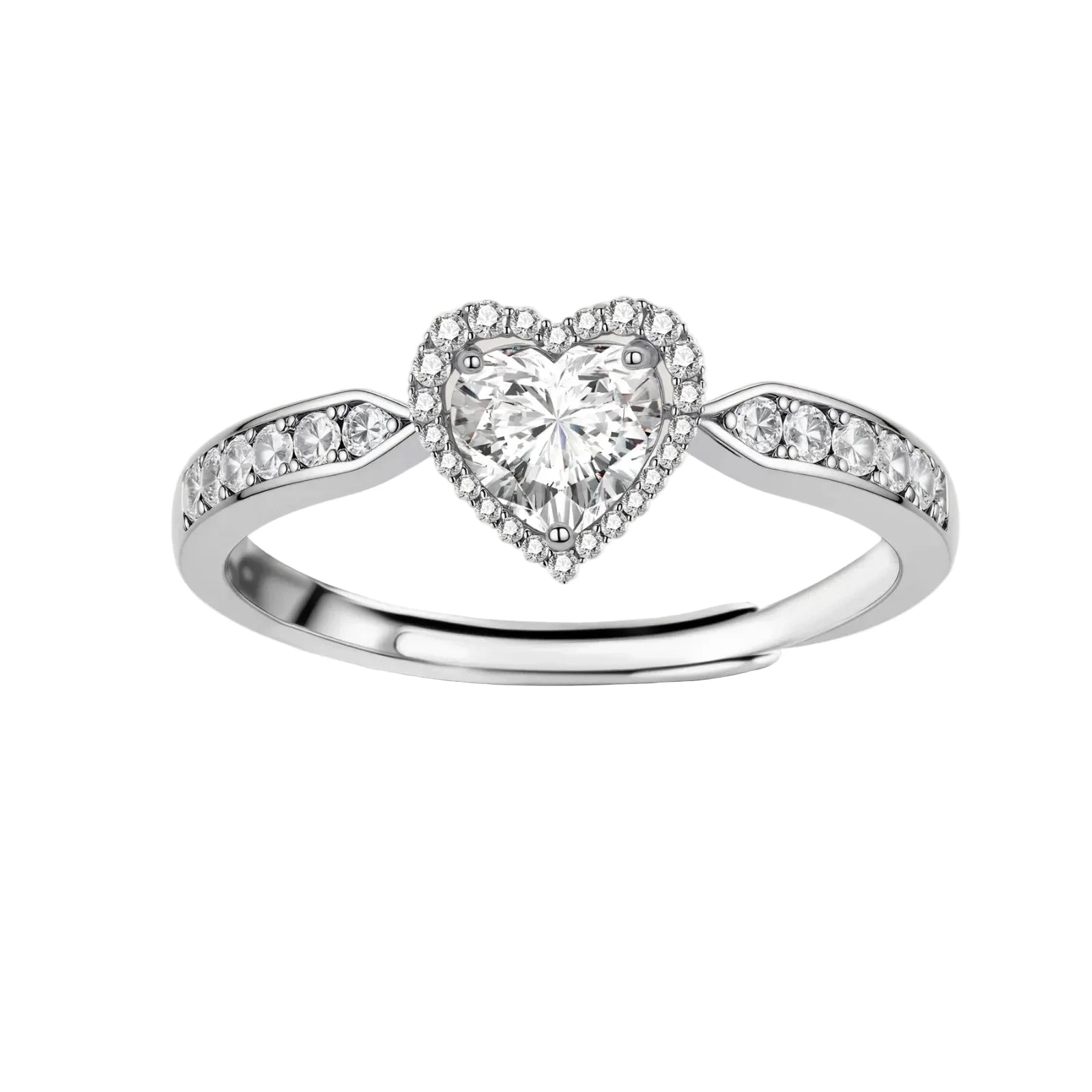 Complete jewelry set with heart-shaped sterling silver pieces featuring brilliant moissanite stones on white background.