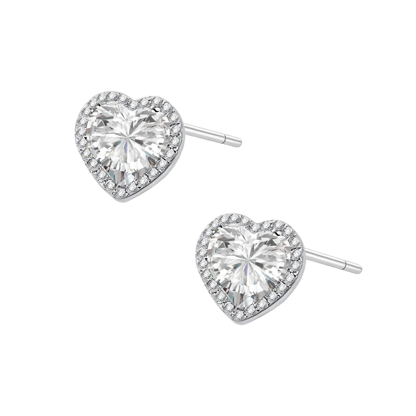 Complete jewelry set with heart-shaped sterling silver pieces featuring brilliant moissanite stones on white background.