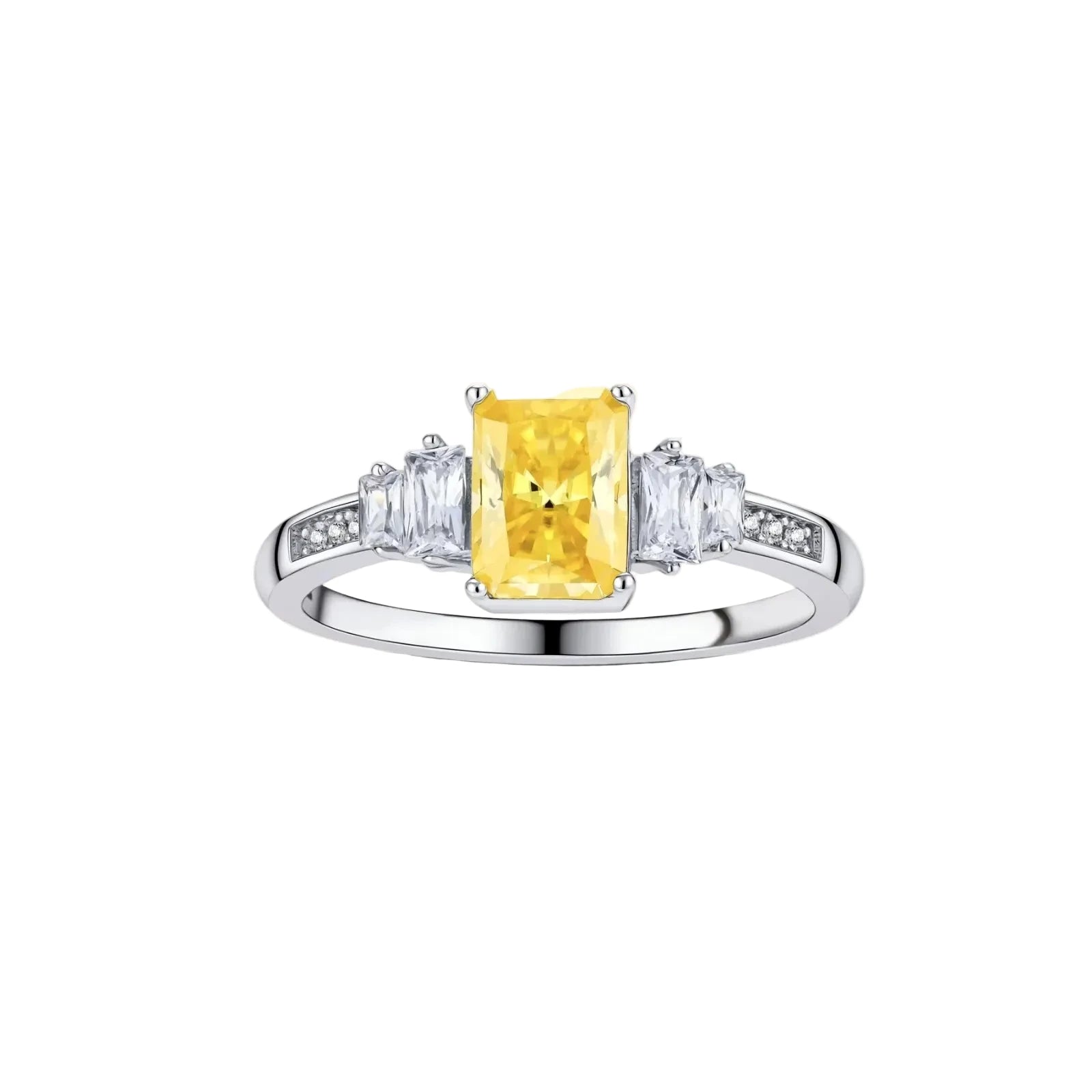 Yellow moissanite jewelry set with emerald-cut stones in sterling silver halo settings on white background.