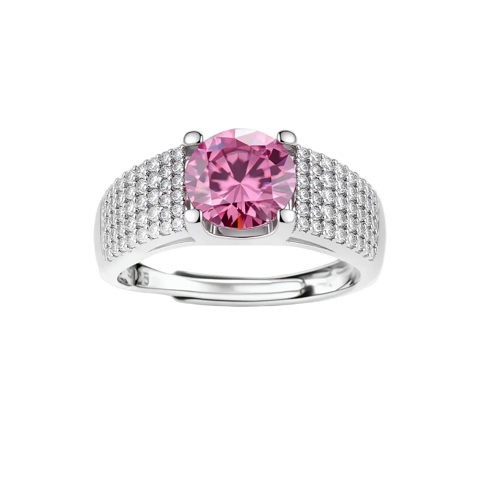 Sterling silver jewelry set featuring pink moissanite stones in halo settings on white background.