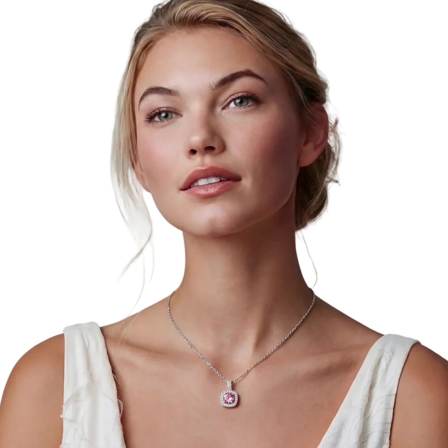 Sterling silver jewelry set featuring pink moissanite stones in halo settings on white background.