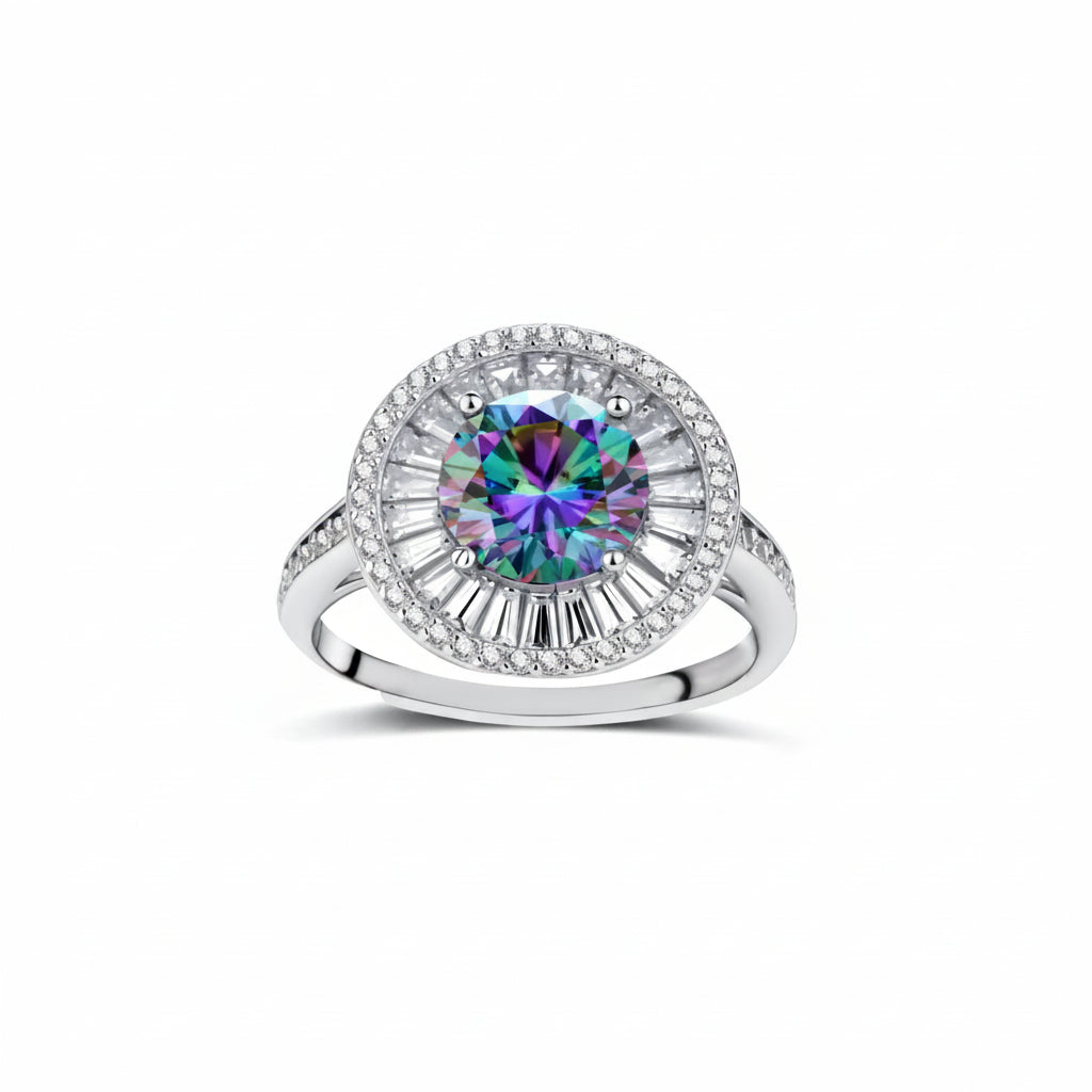 Close-up of sterling silver halo ring with round rainbow moissanite center stone surrounded by baguette-cut stones