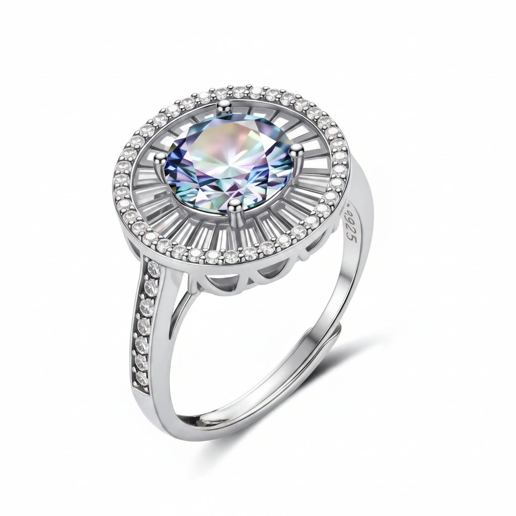 Close-up of sterling silver halo ring with round rainbow moissanite center stone surrounded by baguette-cut stones