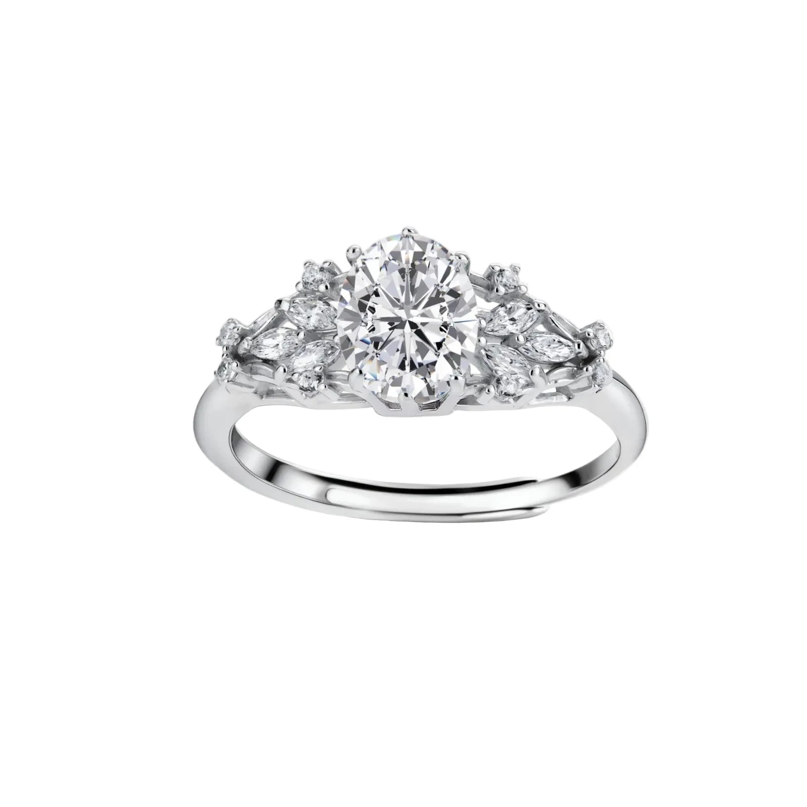 Sterling silver ring with oval moissanite center stone surrounded by smaller accent stones in ornate setting