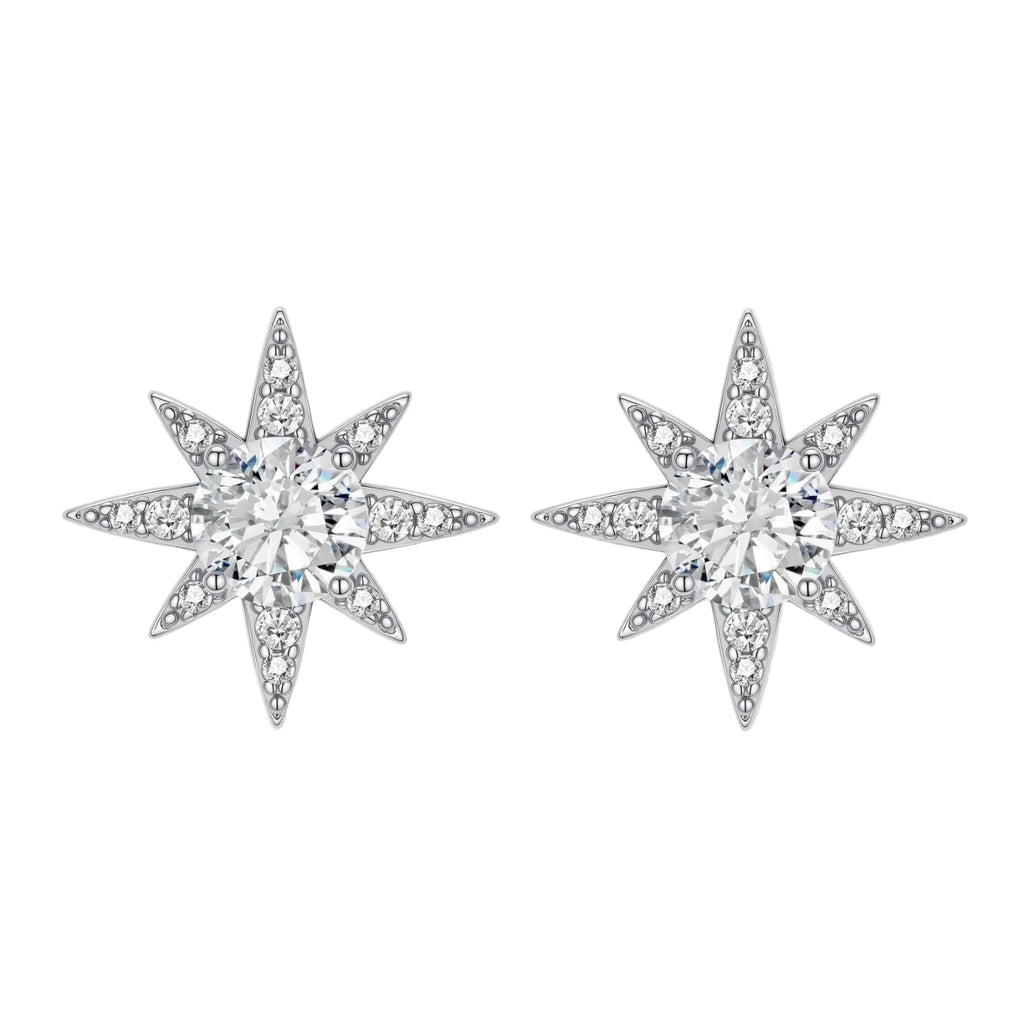 Sterling silver star-shaped stud earrings with brilliant moissanite center stones and pavé details on neutral background.