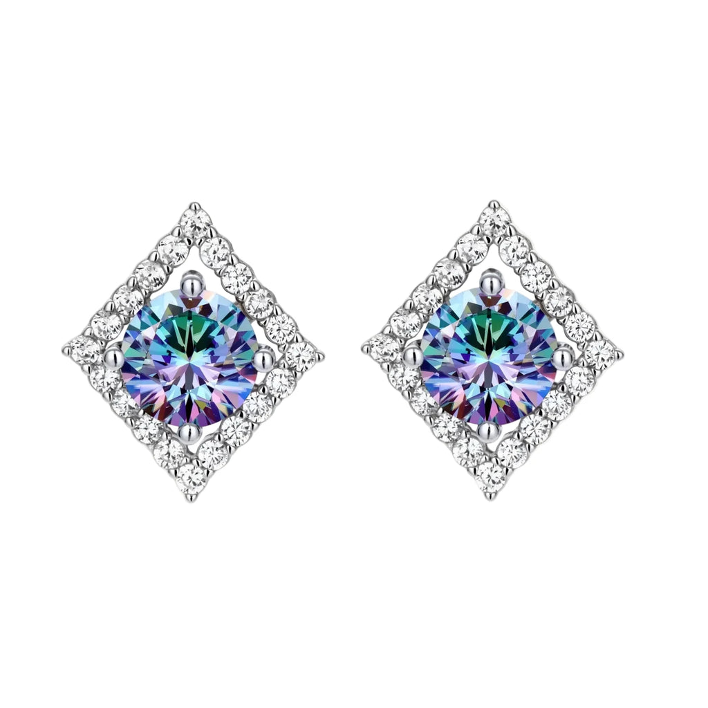 Diamond-shaped sterling silver stud earrings with rainbow moissanite centers surrounded by crystal halos