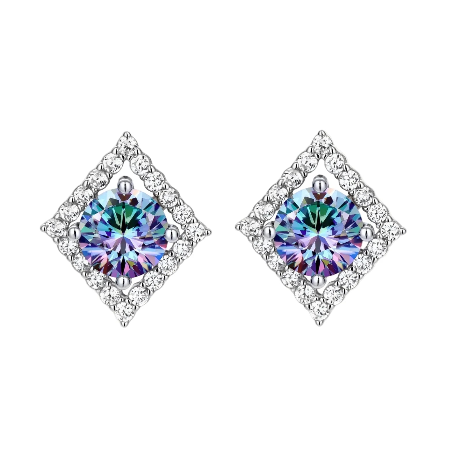 Diamond-shaped sterling silver stud earrings with rainbow moissanite centers surrounded by crystal halos