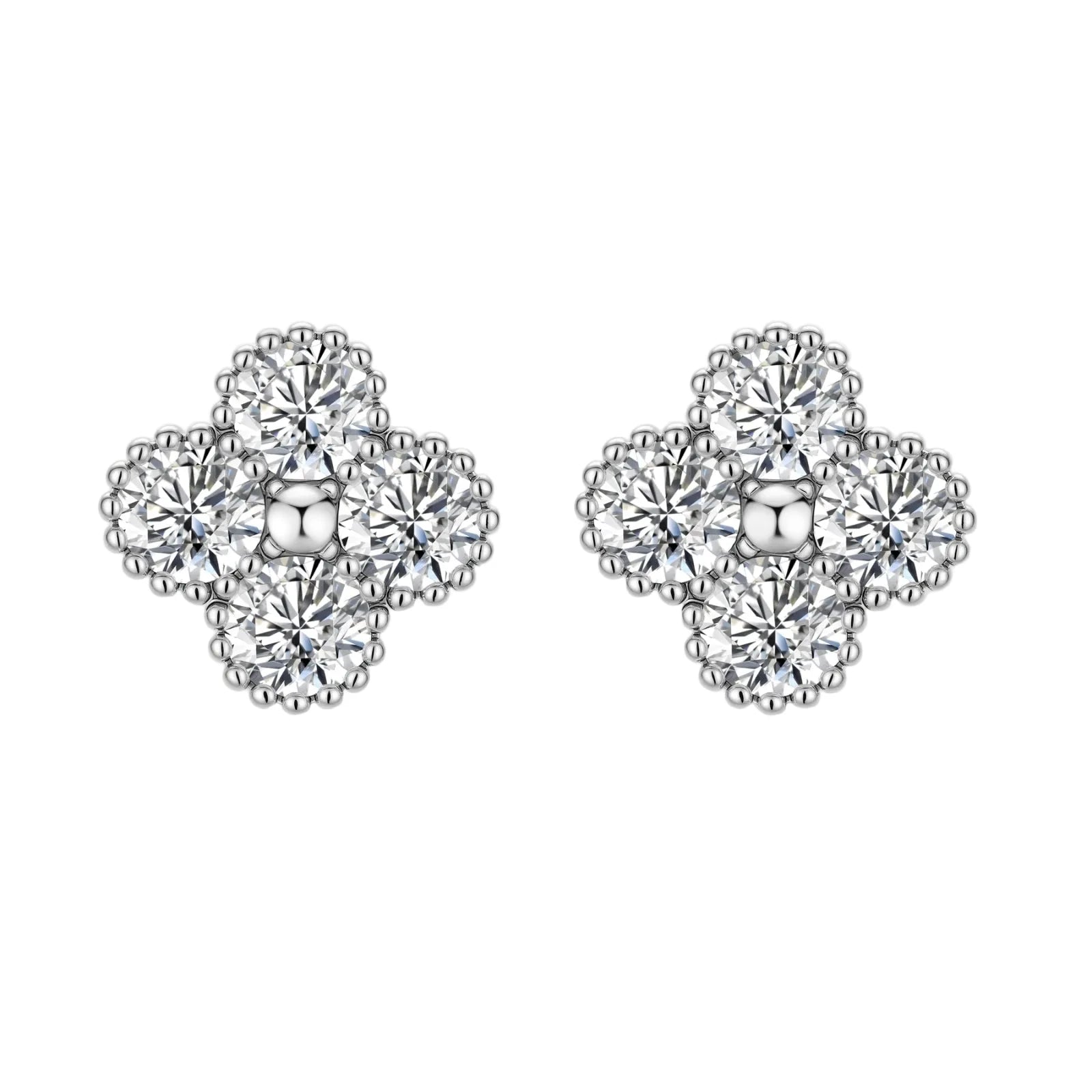 Dainty sterling silver quatrefoil stud earrings with four brilliant moissanite stones and center accent on white background.
