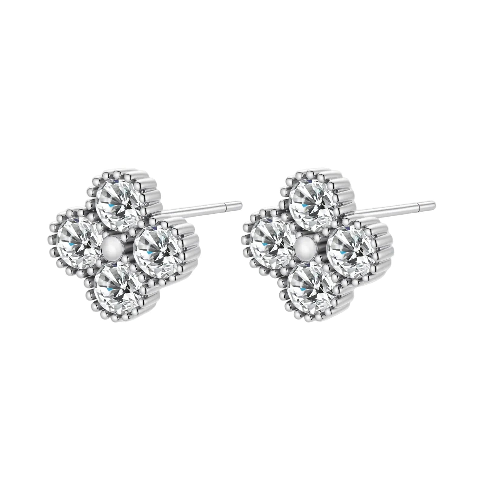 Dainty sterling silver quatrefoil stud earrings with four brilliant moissanite stones and center accent on white background.