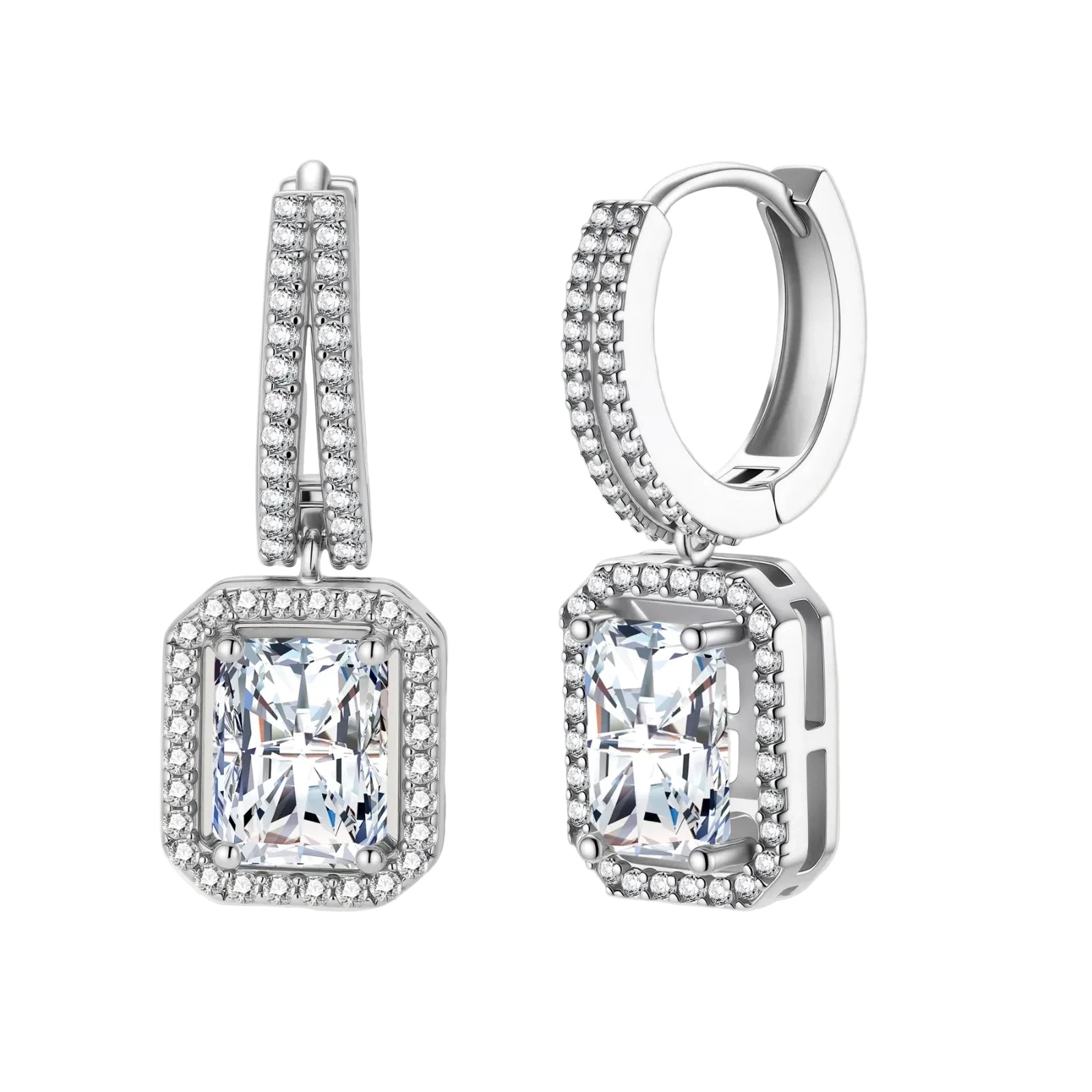 Sterling silver huggie hoops with emerald-cut moissanite drops featuring pavé-set crystals on white background.