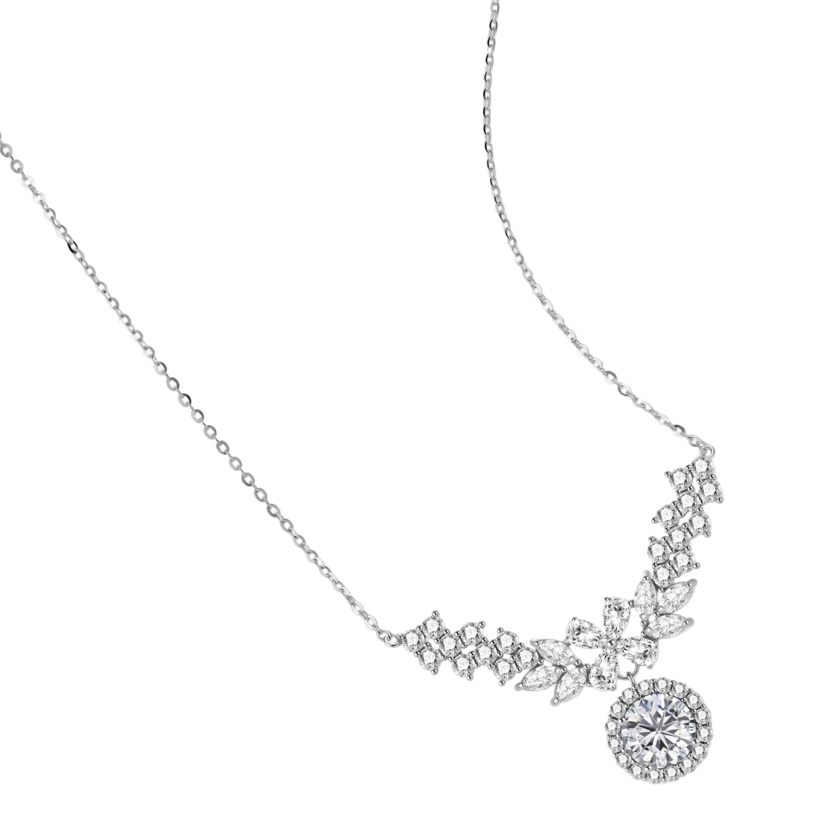 Elegant sterling silver necklace featuring intricate wing-like design with brilliant moissanite stones on neutral background.