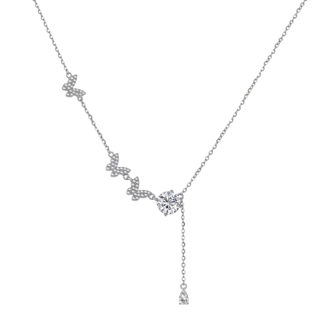 Sterling silver Y-shaped necklace with butterfly charms and brilliant moissanite stone with teardrop pendant