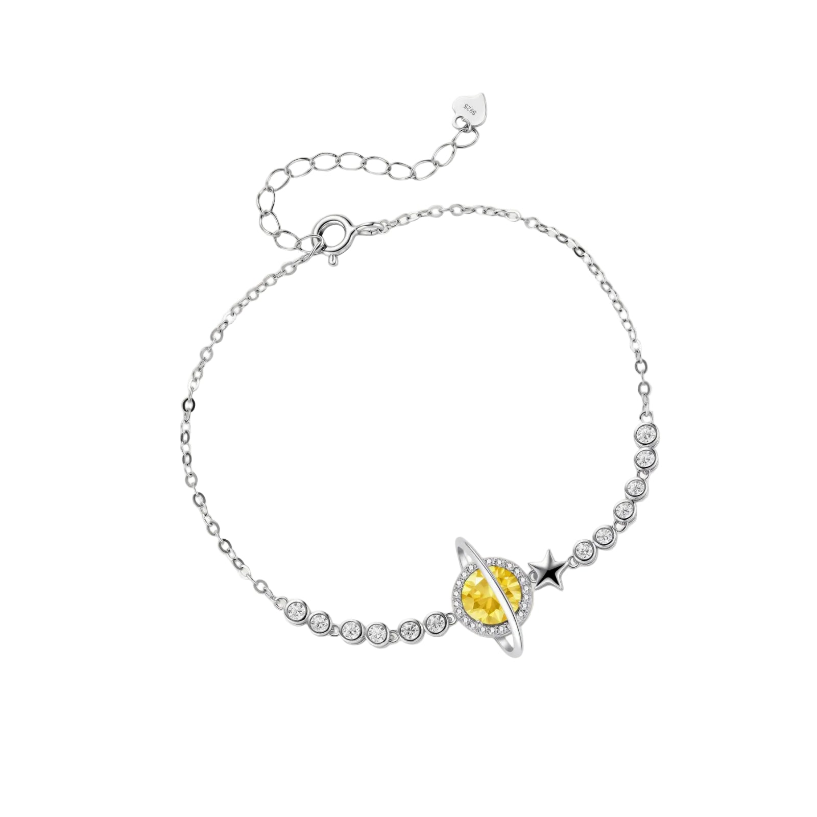 Sterling silver bracelet with yellow moissanite centerpiece in oval setting, crystal chain, and star charm on white background.