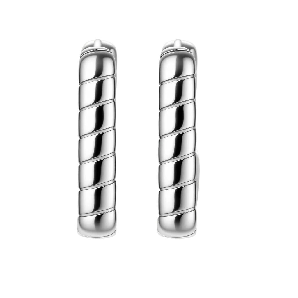 Close-up of platinum-plated sterling silver hoop earrings with horizontal textured grooves on white background.