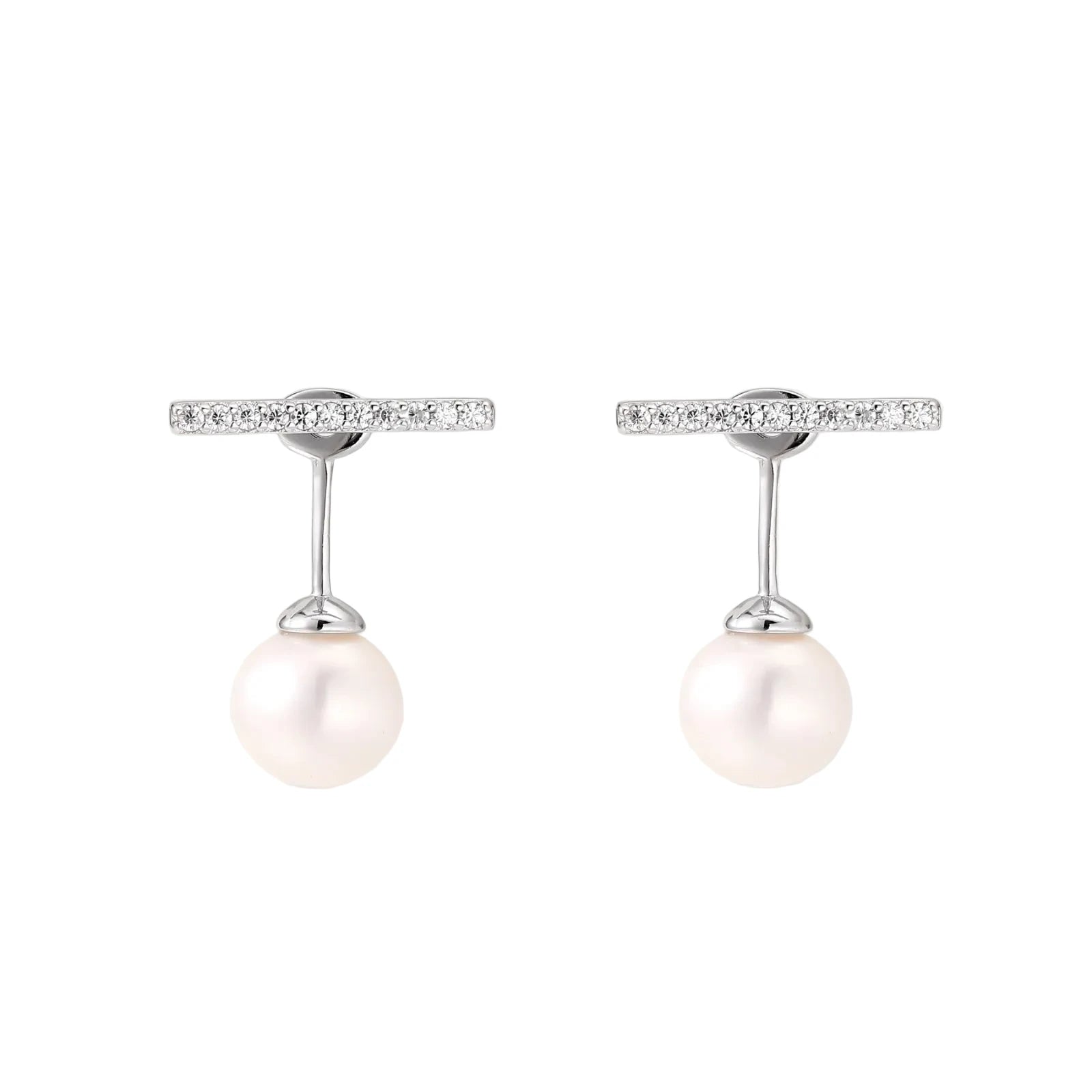 Rhodium-plated sterling silver ear jacket earrings with diamond-set horizontal bar and freshwater pearl drop