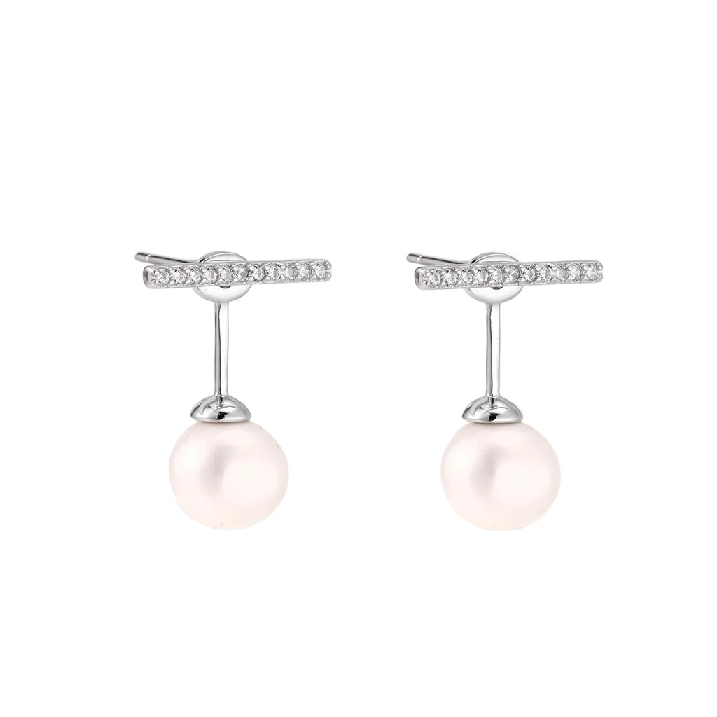 Rhodium-plated sterling silver ear jacket earrings with diamond-set horizontal bar and freshwater pearl drop