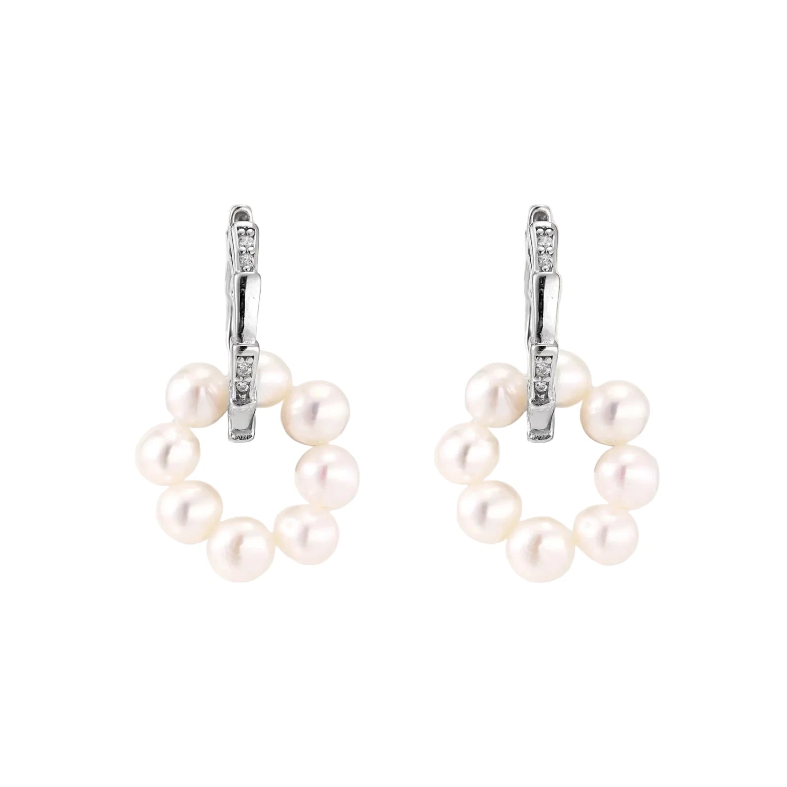 Rhodium-plated silver hoop earrings with freshwater pearls arranged in crescent formation and diamond accents