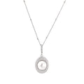 Oval sterling silver pendant with crystal halo surrounding a white freshwater pearl on delicate chain