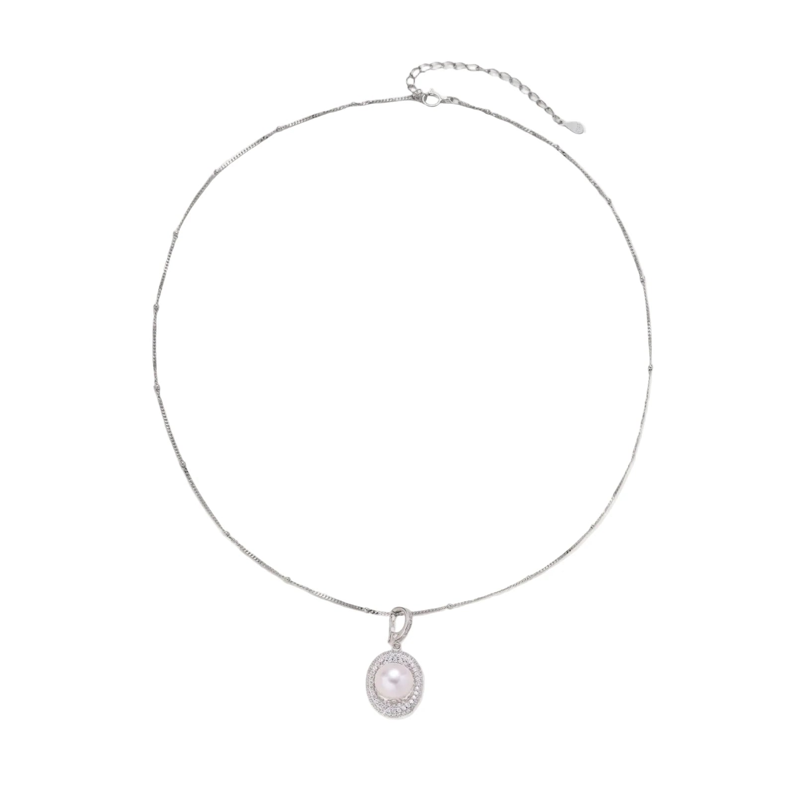 Oval sterling silver pendant with crystal halo surrounding a white freshwater pearl on delicate chain