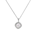 Cushion-shaped double halo pendant with 10mm freshwater pearl center on rhodium-plated sterling silver chain