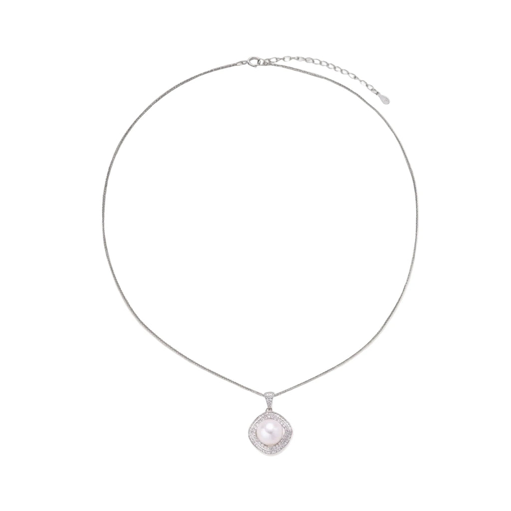 Cushion-shaped double halo pendant with 10mm freshwater pearl center on rhodium-plated sterling silver chain