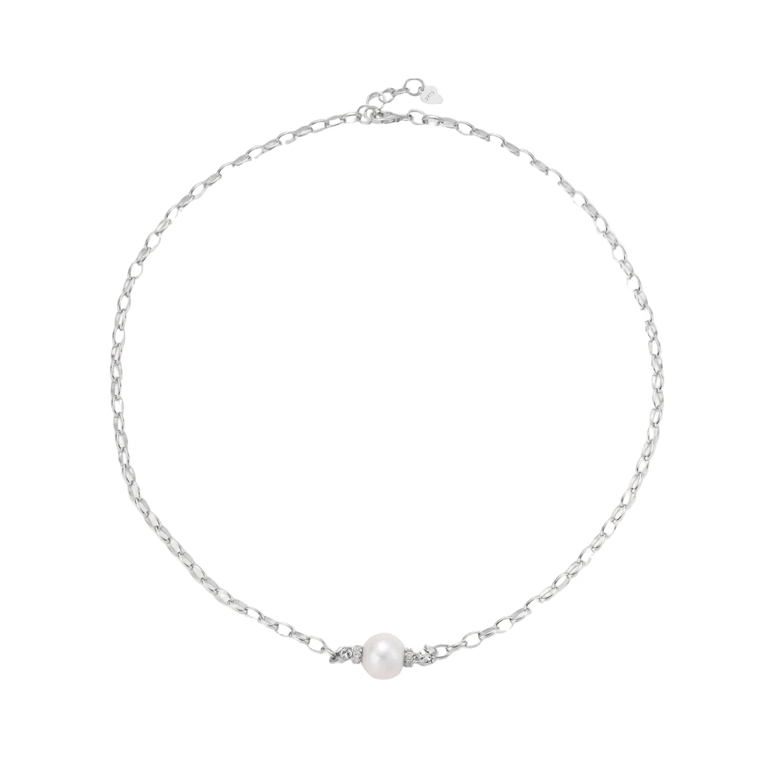 Dainty rhodium-plated silver chain necklace with centered 10mm freshwater pearl and crystal accents on cream background
