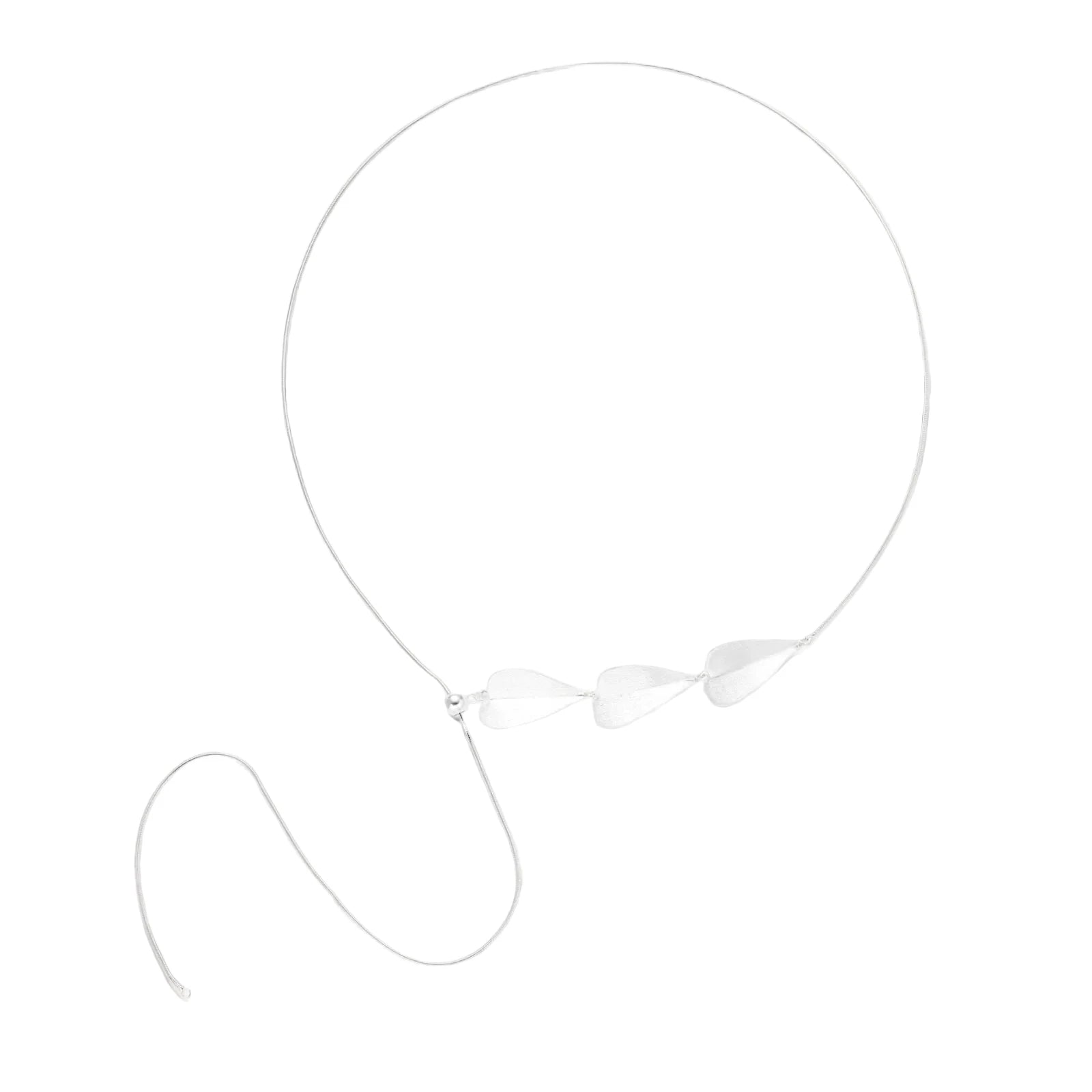 Minimalist sterling silver necklace with three brushed leaf-shaped pendants on delicate chain against white background