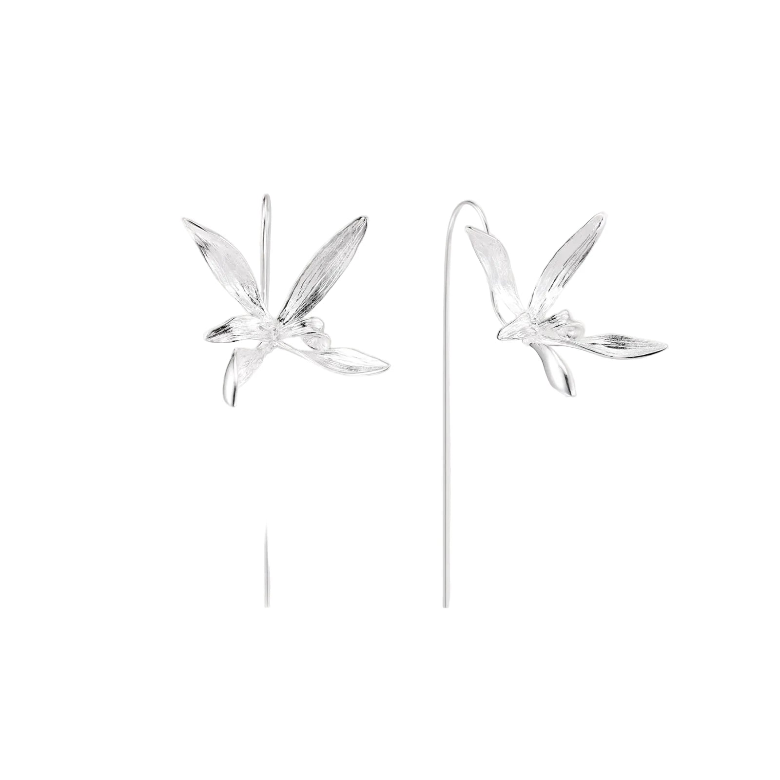 Delicate sterling silver dragonfly earrings with textured wings and curved threader hooks on white background