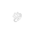 Sculptural sterling silver ring with organic branch design and textured surfaces on cream background