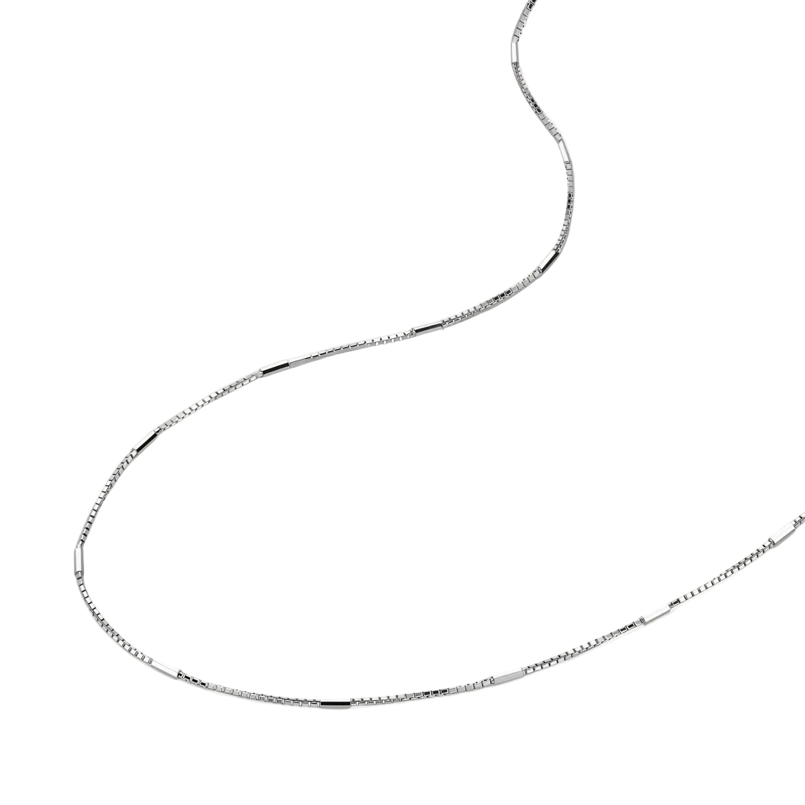 Delicate platinum-plated sterling silver necklace with alternating textured cubic links and smooth chain sections.