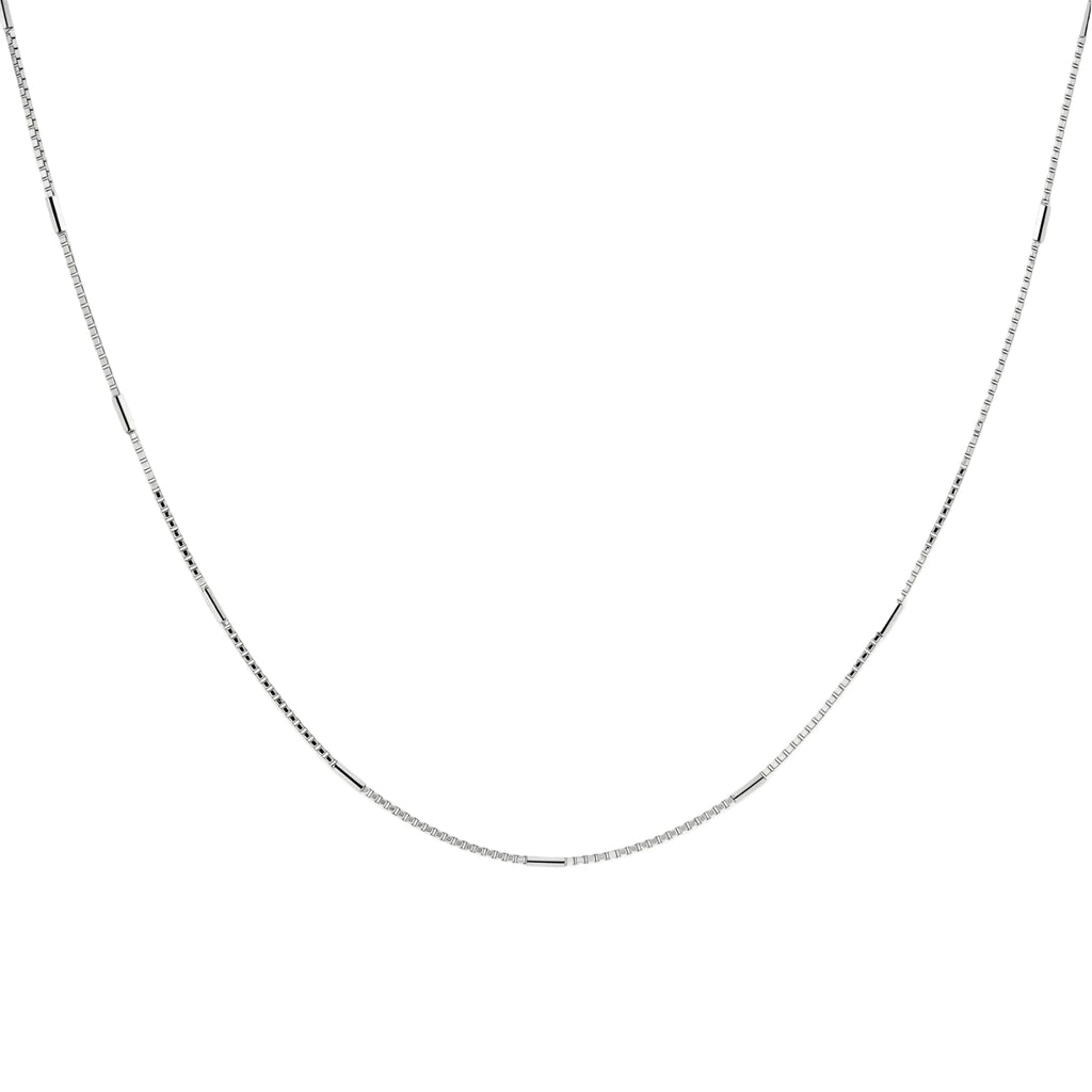 Delicate platinum-plated sterling silver necklace with alternating textured cubic links and smooth chain sections.
