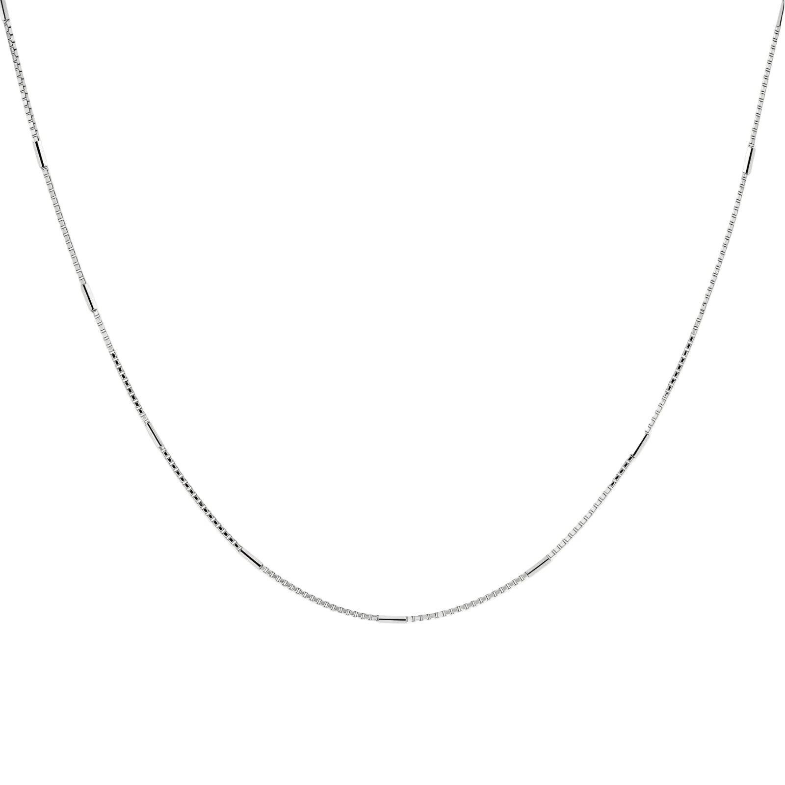 Delicate platinum-plated sterling silver necklace with alternating textured cubic links and smooth chain sections.