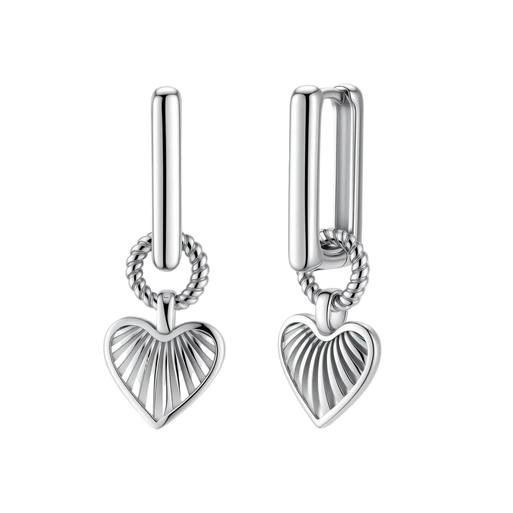 Platinum-plated 925 sterling silver rectangular hoop earrings with twisted ring connector and ribbed heart charm pendant.