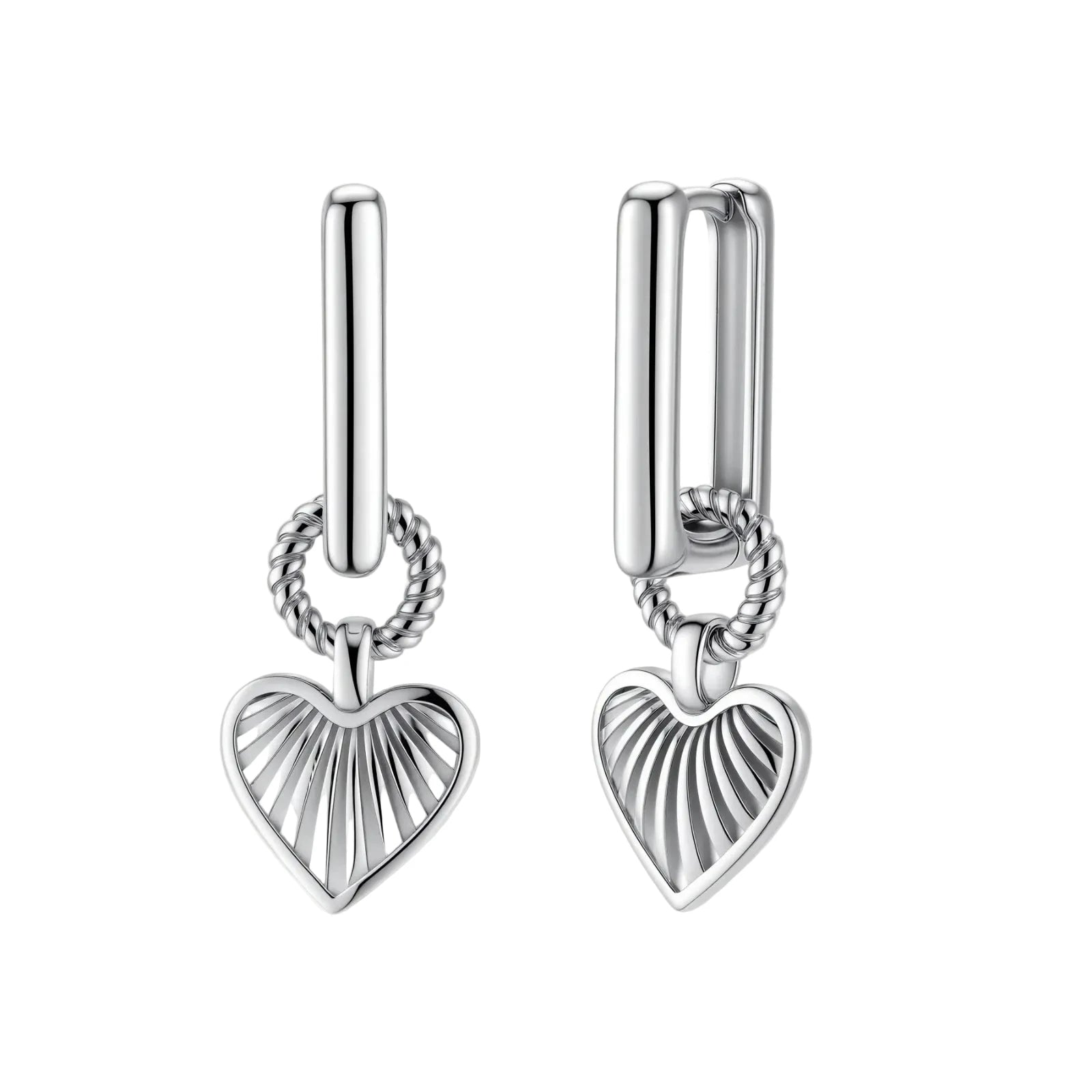 Platinum-plated 925 sterling silver rectangular hoop earrings with twisted ring connector and ribbed heart charm pendant.
