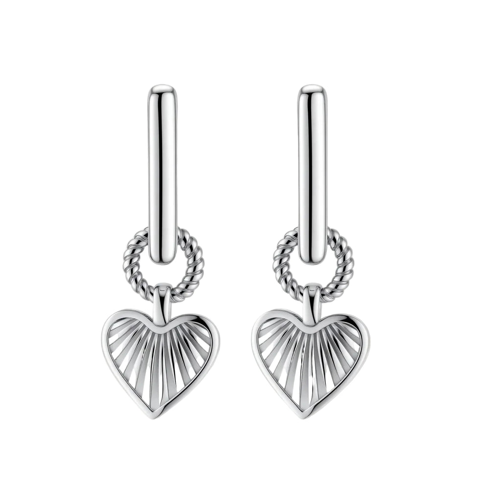 Platinum-plated 925 sterling silver rectangular hoop earrings with twisted ring connector and ribbed heart charm pendant.