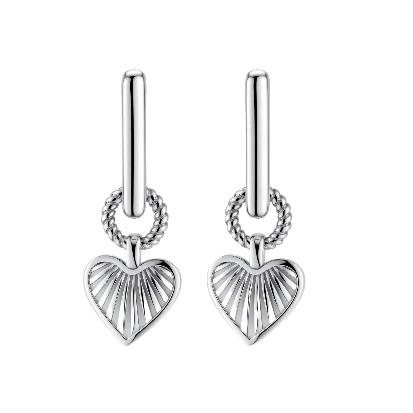 Platinum-plated 925 sterling silver rectangular hoop earrings with twisted ring connector and ribbed heart charm pendant.