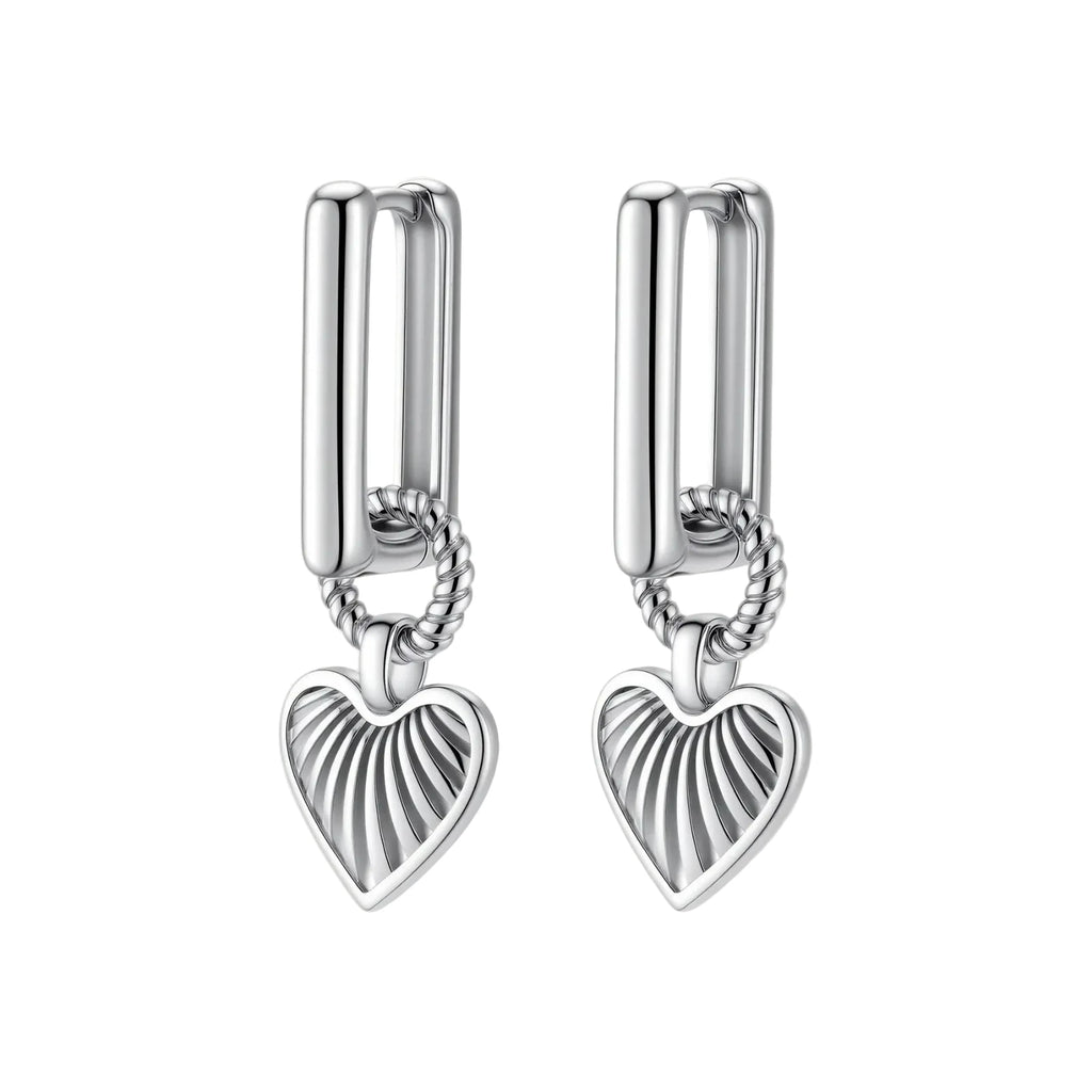 Platinum-plated 925 sterling silver rectangular hoop earrings with twisted ring connector and ribbed heart charm pendant.