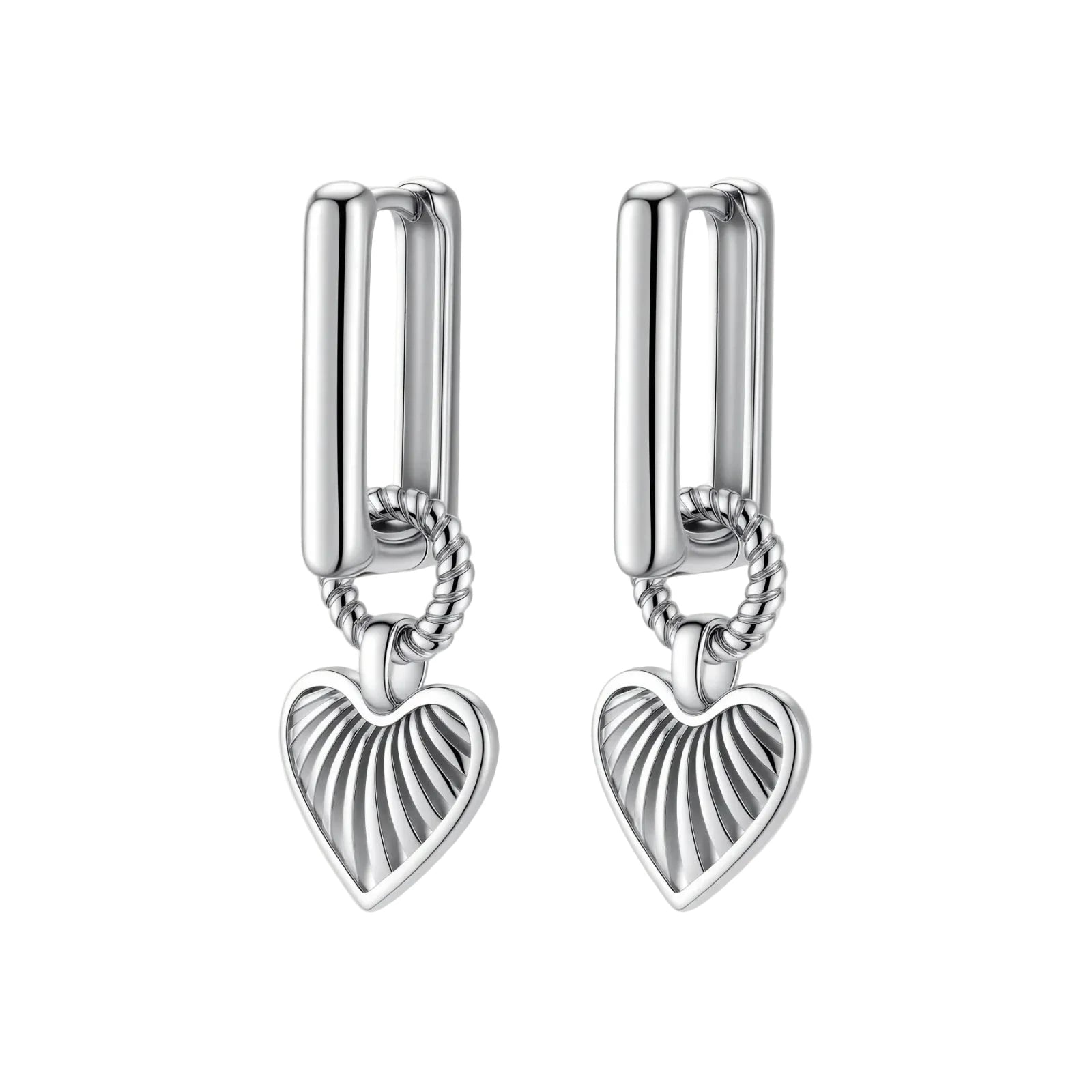 Platinum-plated 925 sterling silver rectangular hoop earrings with twisted ring connector and ribbed heart charm pendant.