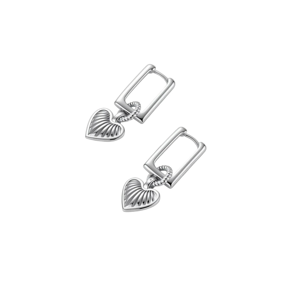 Platinum-plated 925 sterling silver rectangular hoop earrings with twisted ring connector and ribbed heart charm pendant.