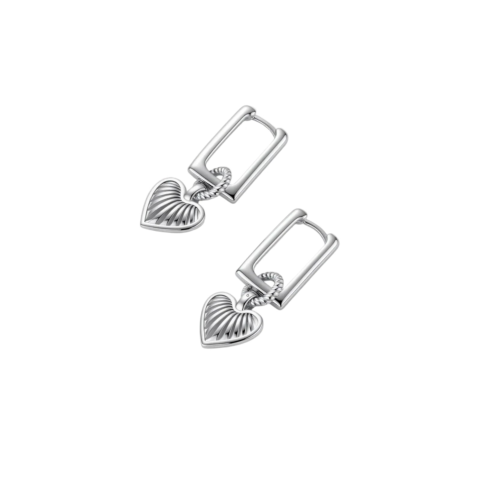 Platinum-plated 925 sterling silver rectangular hoop earrings with twisted ring connector and ribbed heart charm pendant.